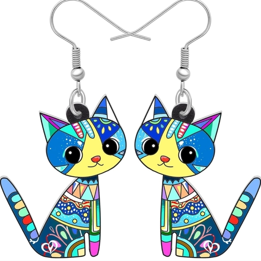 Whimsical Green and Blue Cat Earrings with Expressive Eyes
